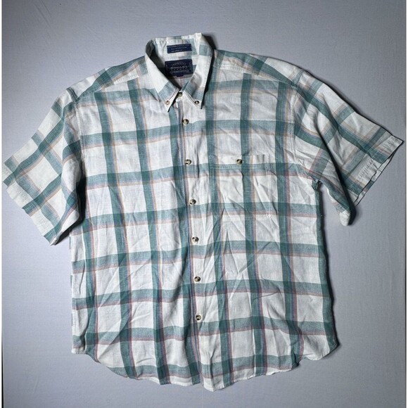 Bogari Studio Mens M Linen Windowpane Plaid Short Sleeve Button Down Shirt - Picture 2 of 14